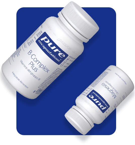 Complementos alimenticios Complejo-B Plus y Magnesio de Pure Encapsulations.
