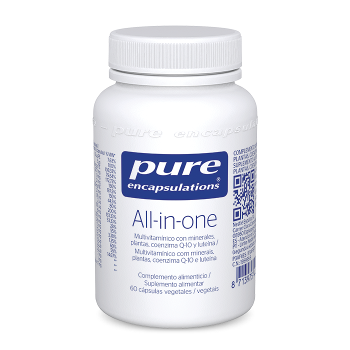 Complemento alimenticio All-in-one, Multivitamínico con minerales, plantas, coenzima Q-10 y luteína 60 cápsulas Pure Encapsulations.