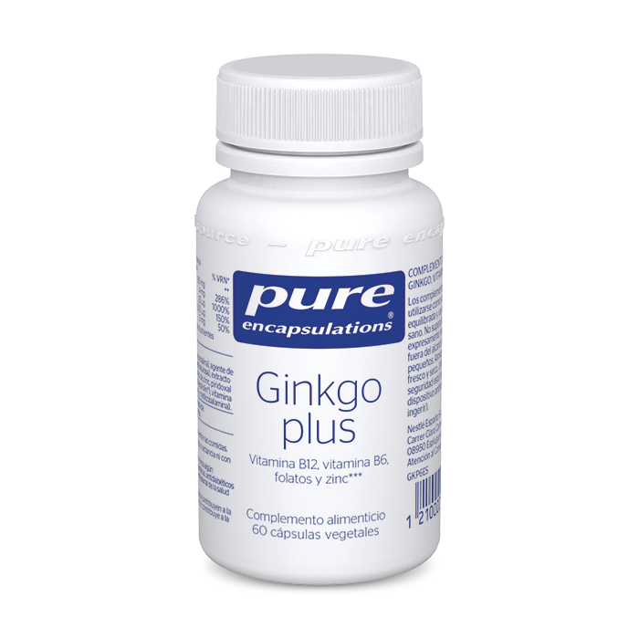 Complemento alimenticio Ginkgo Plus con Vitamina B12, Vitamina B6, Folatos y Zinc 60 cápsulas Pure Encapsulations.